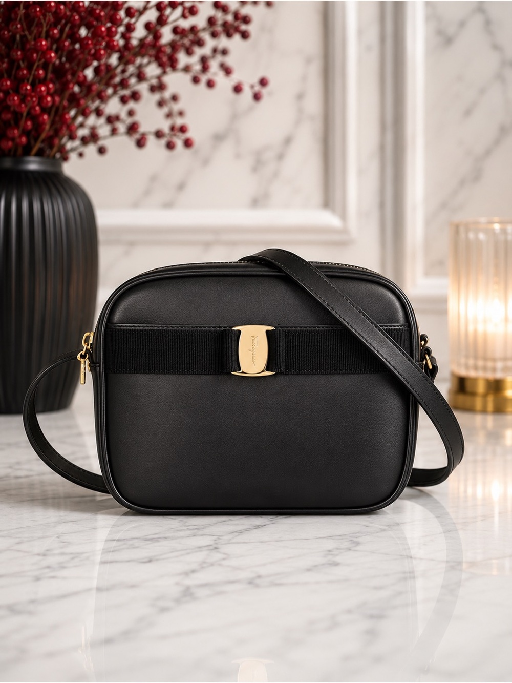 Salvatore Ferragamo Vintage Black Leather Shoulder Bag Gold Vara Bow